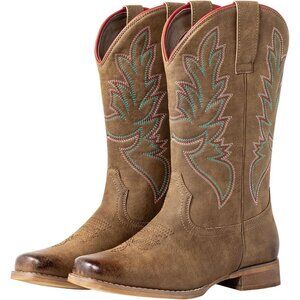 🆕Women's Brown Square Toe Mid Calf Pull On Fashion Embroidered Western Boots